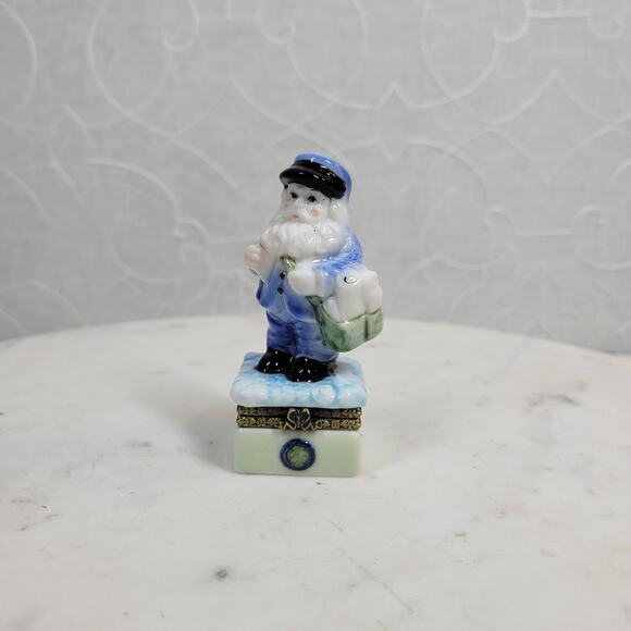 VINTAGE Santa Claus Trinket Box Blue White Porcelain Christmas Holiday Hinged - Picture 10 of 13